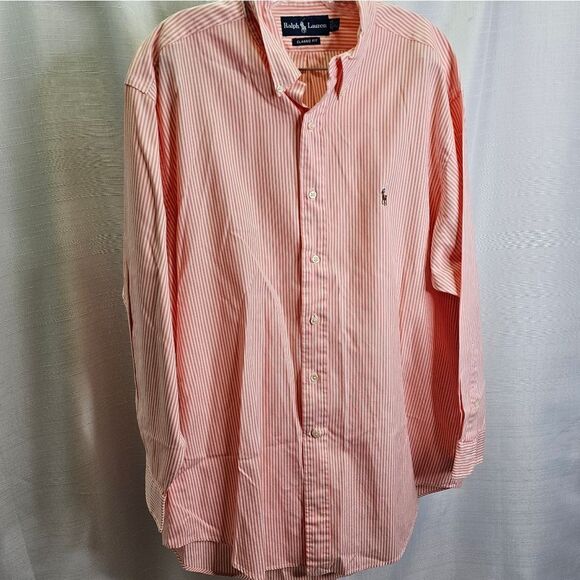 Ralph Lauren Orange Striped Classic Fit Button Down Shirt Size 16 1/2 - Picture 2 of 9